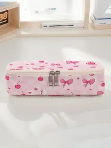 Cherry Bow Pattern Printed Large Capacity Pencil Bag, Durable Multifunctional Storage Bag, Portable Zipper Storage Case, Suitable for School, Office and School Supplies Storage, Office Stationery Supplies
