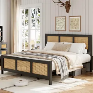 Bed Frame with Headboard, Bohemian Rattan Platform Bed Frame with Strong Metal Slats Support, No Box Spring Needed