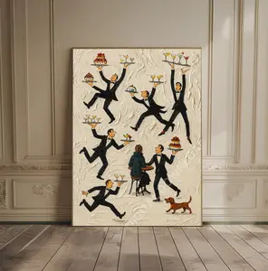 Tiny People Print Servers in a Restaurant Vintage Food & Drink Poster