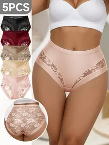 QUASTI 5PCS Mid Waist Lace Patchwork Semi-Sheer Women's Underwear Sexy & Practical Basic Invisible Lightweight Skin Friendly Soft Comfortable Sweet Seamless Anti Roll Edge Elegant Minimalist Underwear S-XXL