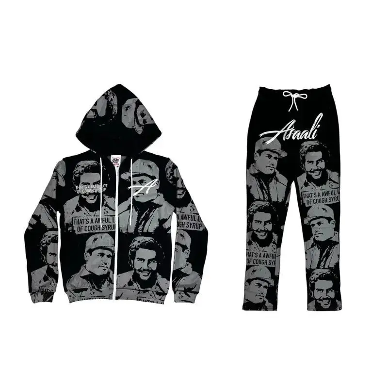 Men's Assa1i Street Style Full Set Black Grey Zip-Up Hoodie and Sweatpants, Men Women's Casual Pants and Top Set Hip Hop Streetwear, Gift for Her Him