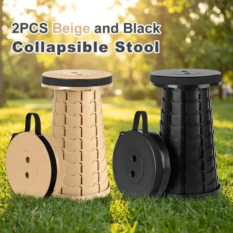BLYXTENNE 2pcs (Beige+Black) Extendable Collapsible Stools, 400lbs Max Load, Lightweight Foldable Chair, Easy Fold & Store, Portable Furniture for Indoors-Outdoors Campsite Use