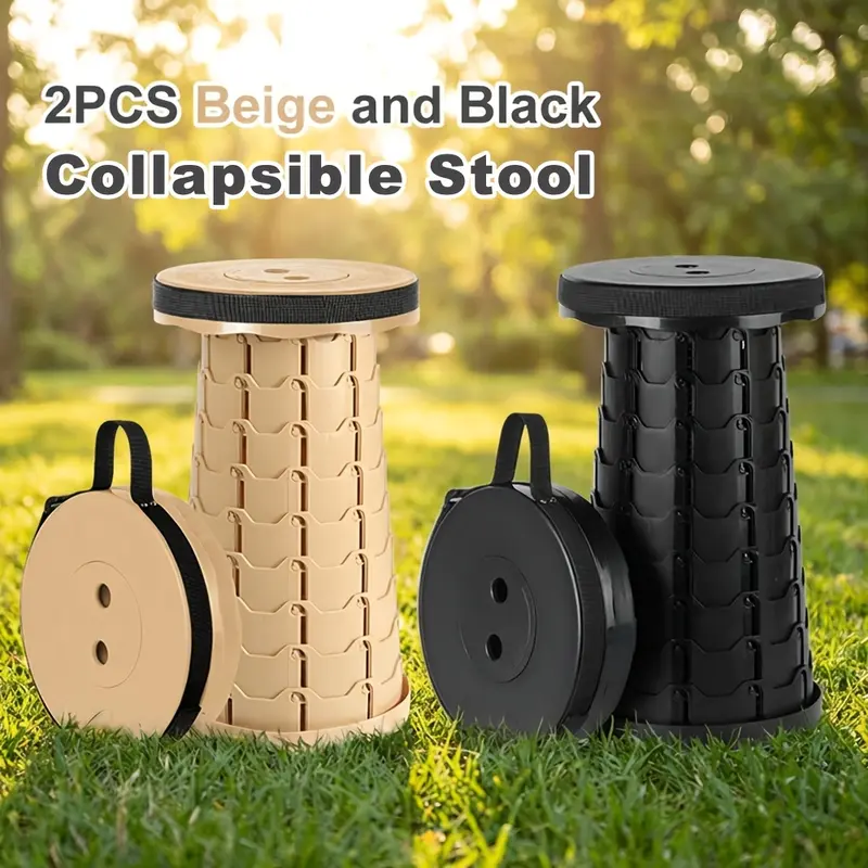 BLYXTENNE 2pcs (Beige+Black) Extendable Collapsible Stools, 400lbs Max Load, Lightweight Foldable Chair, Easy Fold & Store, Portable Furniture for Indoors-Outdoors Campsite Use