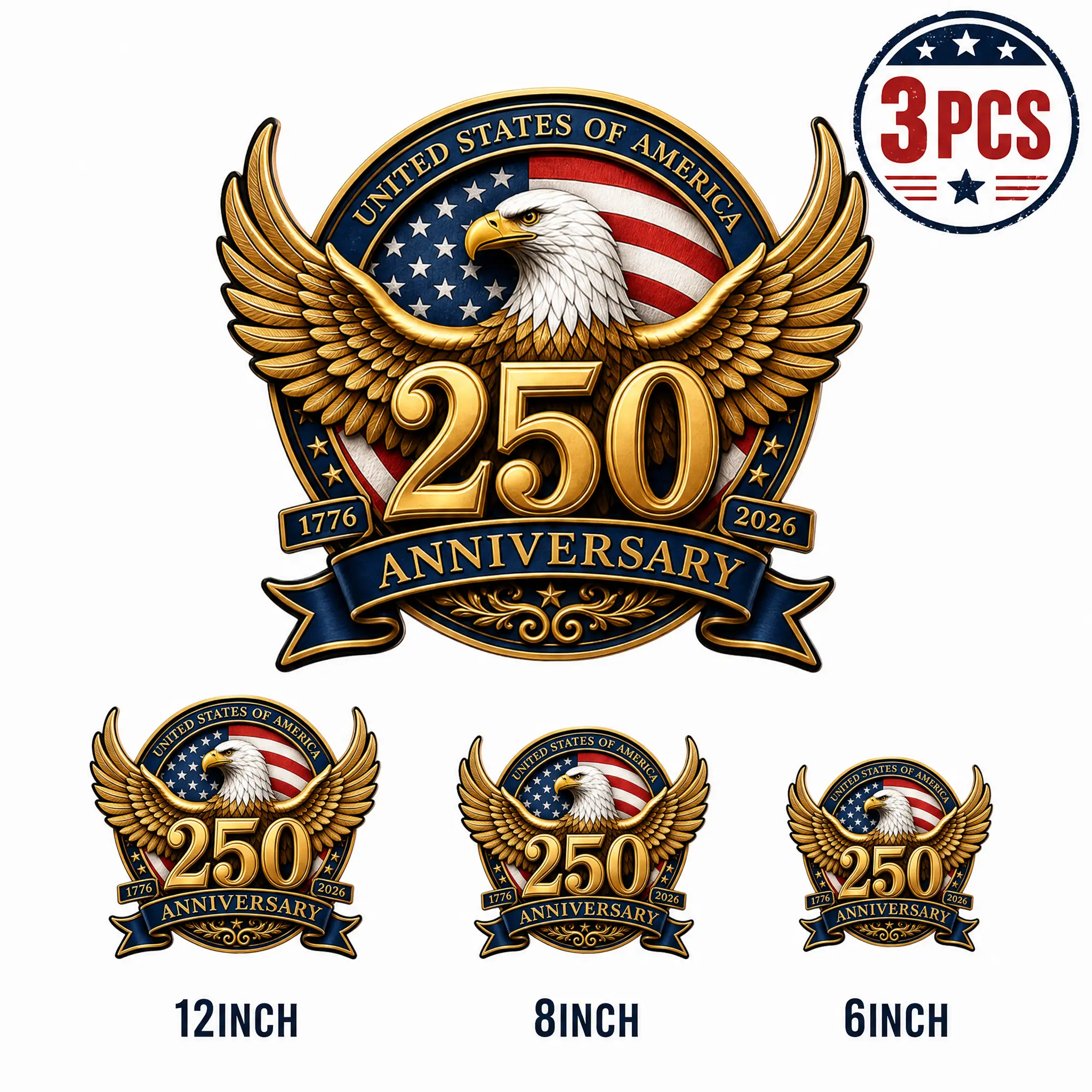 Patriotic 3-Piece American Flag & Bald Eagle Vinyl Decal Set - Waterproof, Fade-Resistant Independence Day Vehicle Exterior Decoration, Truck Stickers, Universal Car Sticker, Waterproof Logo Decal for Coolers, Laptops; Great Gift for Men, Anniversary