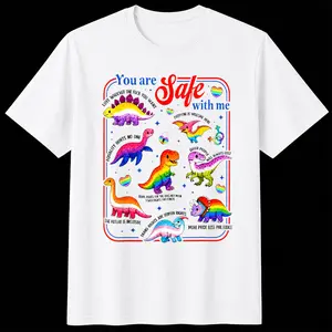 You Are Safe With Me Rainbow Dinosaur Pride Shirt, Inclusive Dino Graphic Tee, Equality Support Apparel, LGBTQ Ally Statement Shirt