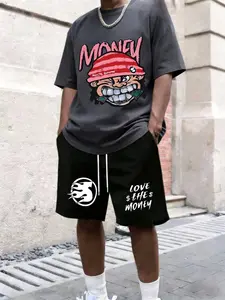 Men's Black T-Shirt & Drawstring Shorts Set, "Love The Money" Swag Cartoon Print Y2K Urban Streetwear 2PC Casual T-Shirt And Drawstring Waist Shorts Set Y2K Style Fashion Pattern Oversized Casual Streetwear Outfit, Summer Daily Wear