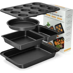 5 Pieces Nonstick Stackable Baking Pans Set Oven Bakeware Supplies with Baking Sheet Tray Round/Square Cake Pan Muffin Pan Loaf Pan Roast Pan for Cooking