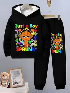 Boys Fashion Cartoon Pattern 3D Printed Hooded Sweatshirt Set, Long Sleeve Sports Wear, Spring Fall Winter Outdoor Hoodies
