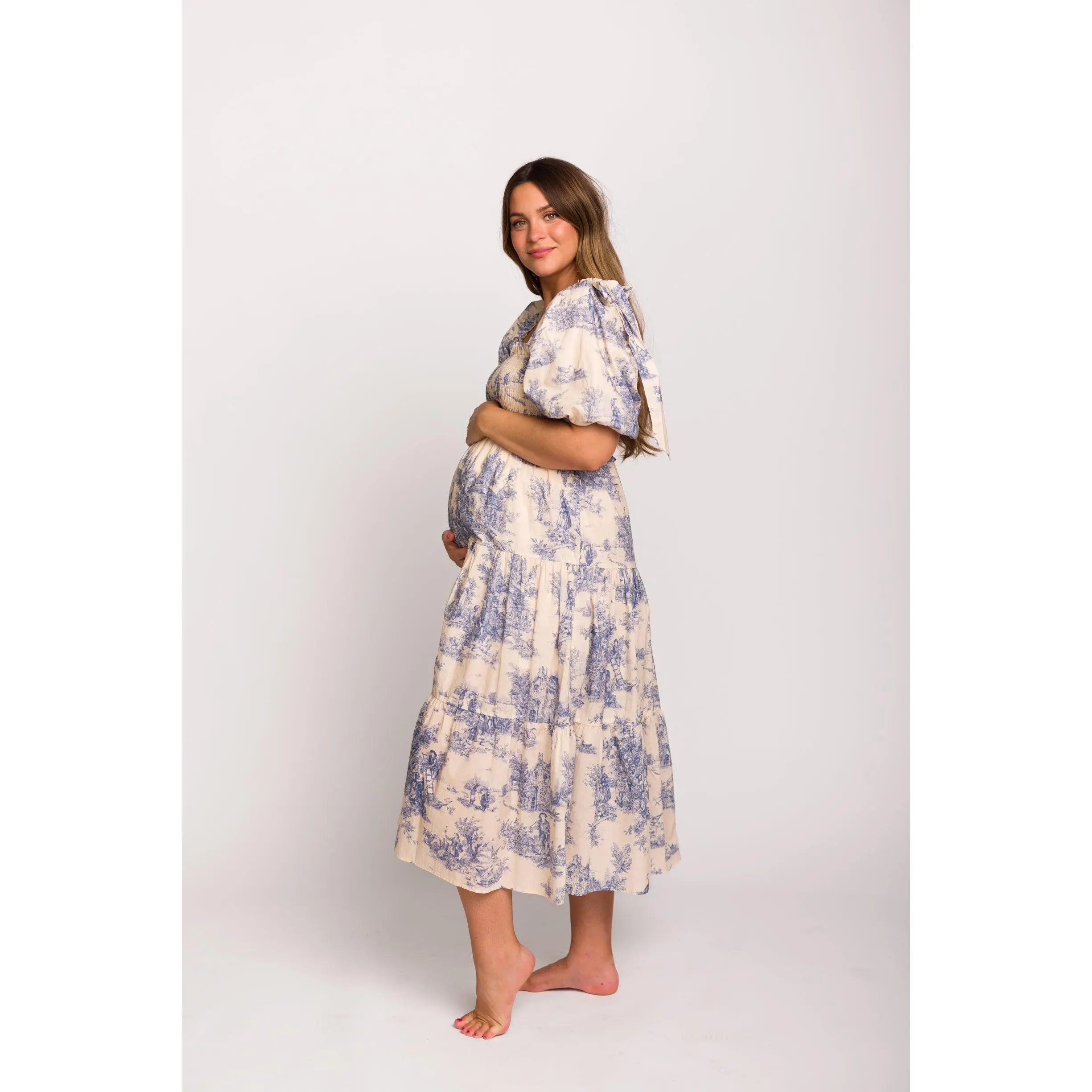 Elena 100% Cotton Toile Print Smocked Midi Dress in Blue - Bump Friendly & Inclusive Sizing