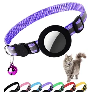 Reflective Cat Collar with Airtag Silicone Stand, Bell, Round Safety Buckle, Detachable, Suitable for Small Cats, Dogs, Pets, Airtag Compatible