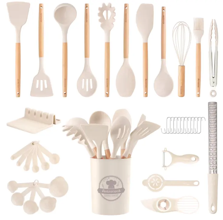 Astercook Silicone Cooking Utensils Set, 38 PCS Kitchen Utensils Set for 446°F Heat Resistant, Food Grade Utensil Sets with Wooden Handle, Kitchen Gadgets for Nonstick Cookware BPA Free (White)
