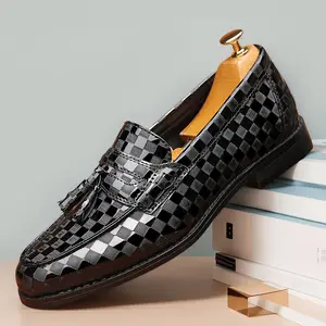 Men's Checkerboard Patent Leather Tassel Loafers, Slip-On Fashion Dress Shoes8670