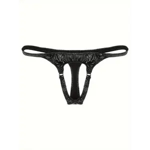 [Sexy PU Leather Thong] PYONGRAINS Men's Sexy Low-Rise PU Leather Thong Underwear - Black, with Front Opening, Elastic Band, and Glossy Finish