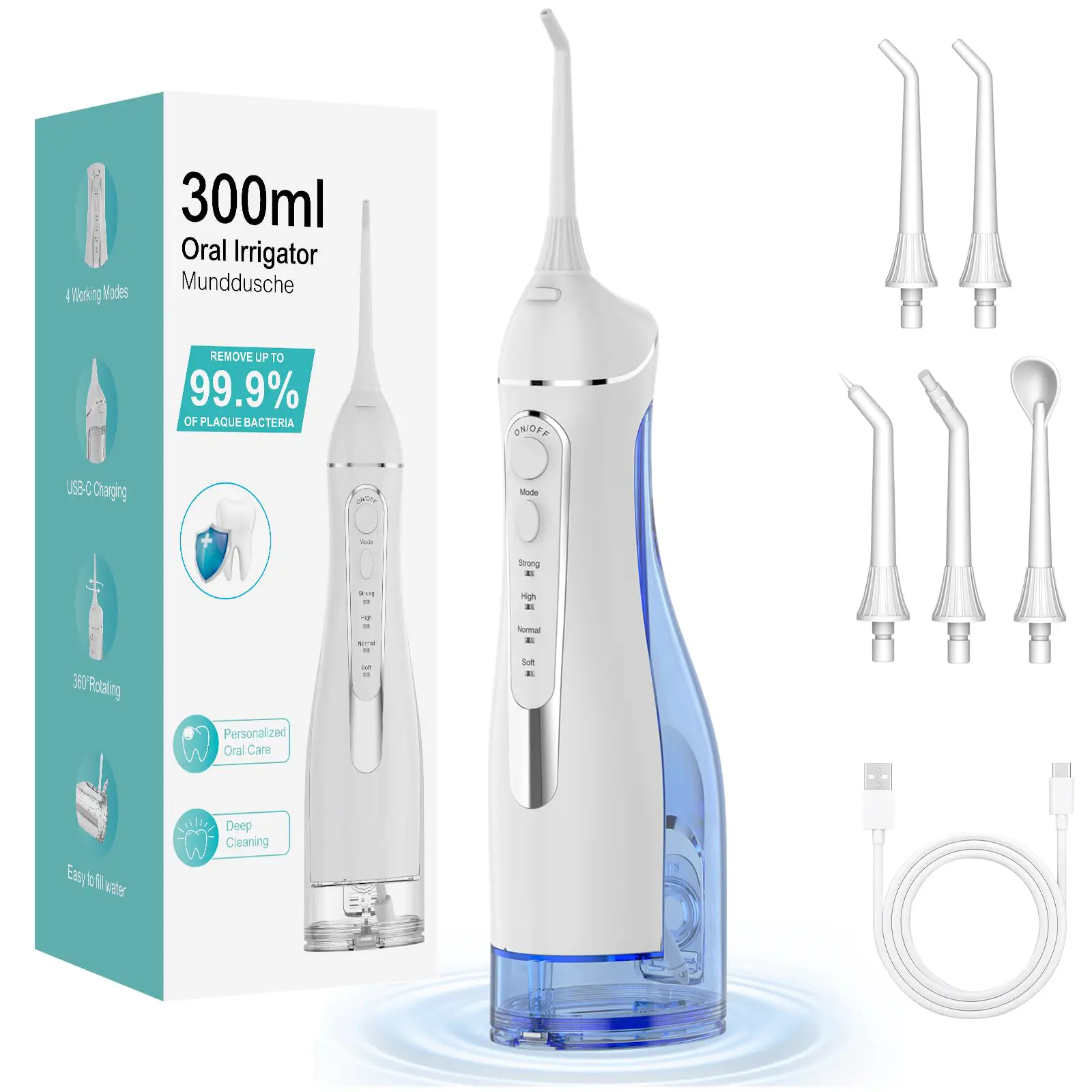 Water Dental Flosser – 300ML Cordless Electric Floss, 4 Modes, Waterproof Rechargeable Oral Irrigator for Deep Cleaning & Plaque Removal, Ideal for Braces & Travel, Includes 5 Tips