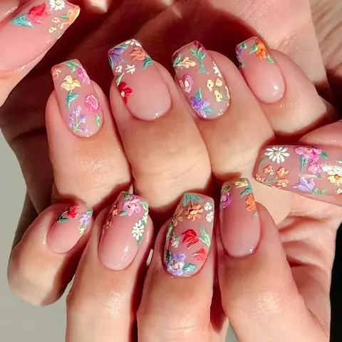 Flower Pattern Fake Nails with Nail File & Tape, Decorative Nails, 1 Box French Style Square Press on Nails for Women & Girls DIY Nail Art, Nail Art Design, Elegant Stick on Nails Kit