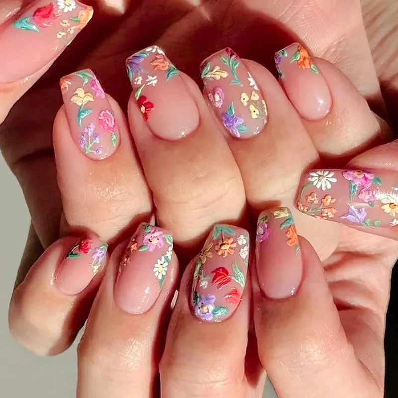Flower Pattern Fake Nails with Nail File & Tape, Decorative Nails, 1 Box French Style Square Press on Nails for Women & Girls DIY Nail Art, Nail Art Design, Elegant Stick on Nails Kit
