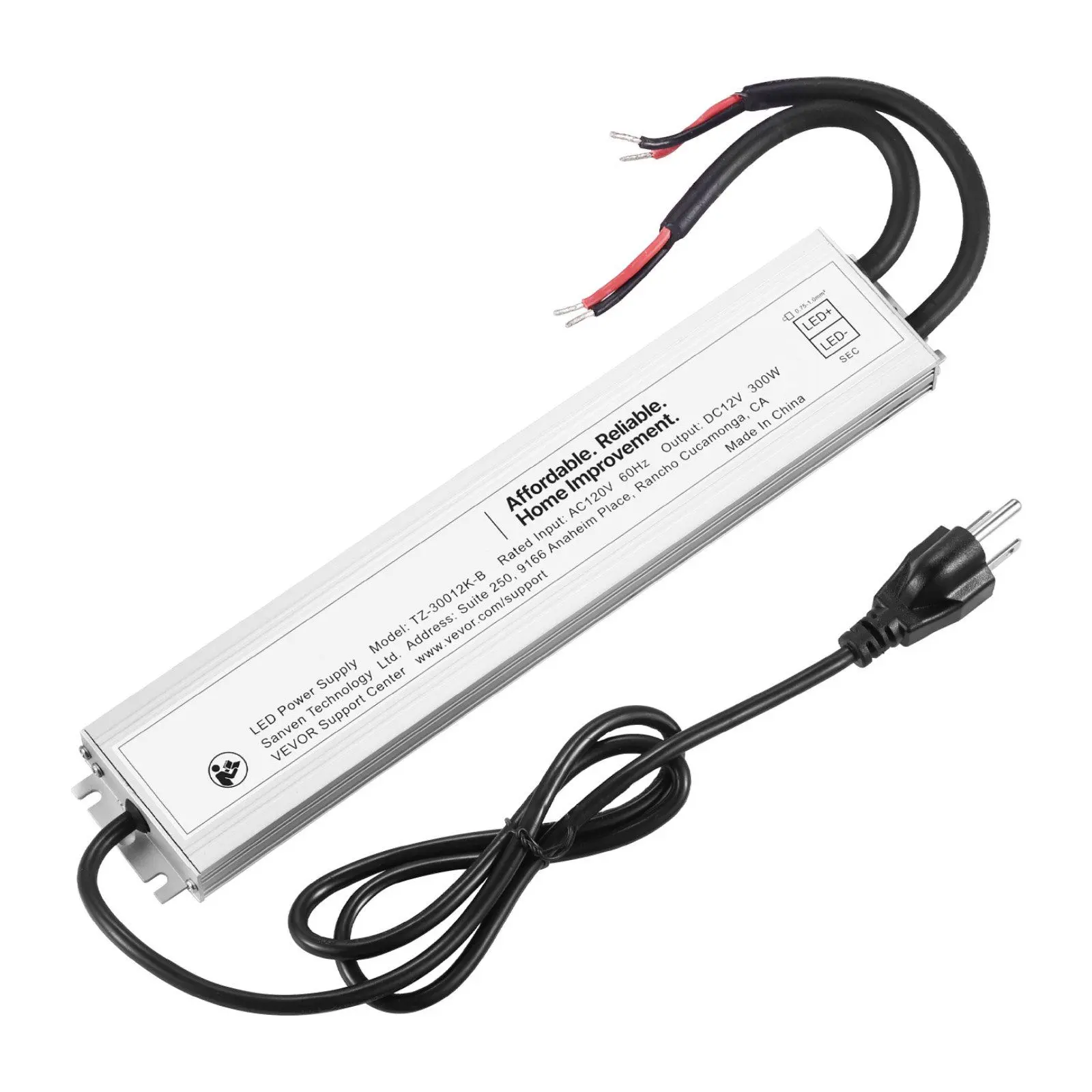 VEVOR LED Driver 300W 12V DC Power Supply, IP67 Rated Waterproof Aluminum Transformer with Built-In Plug Design, Overload Protection for Outdoor Lighting, Wires, Billboards
