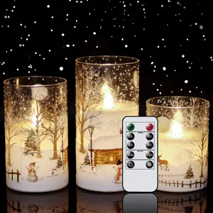 Snowman Glass Flameless Candles with Remote Timer  Operated Flickering LED Pillar 3 Pack Warm White Light Christmas Decal Candle Set of 3 (D3" x H 4" 5" 6") - Snowman