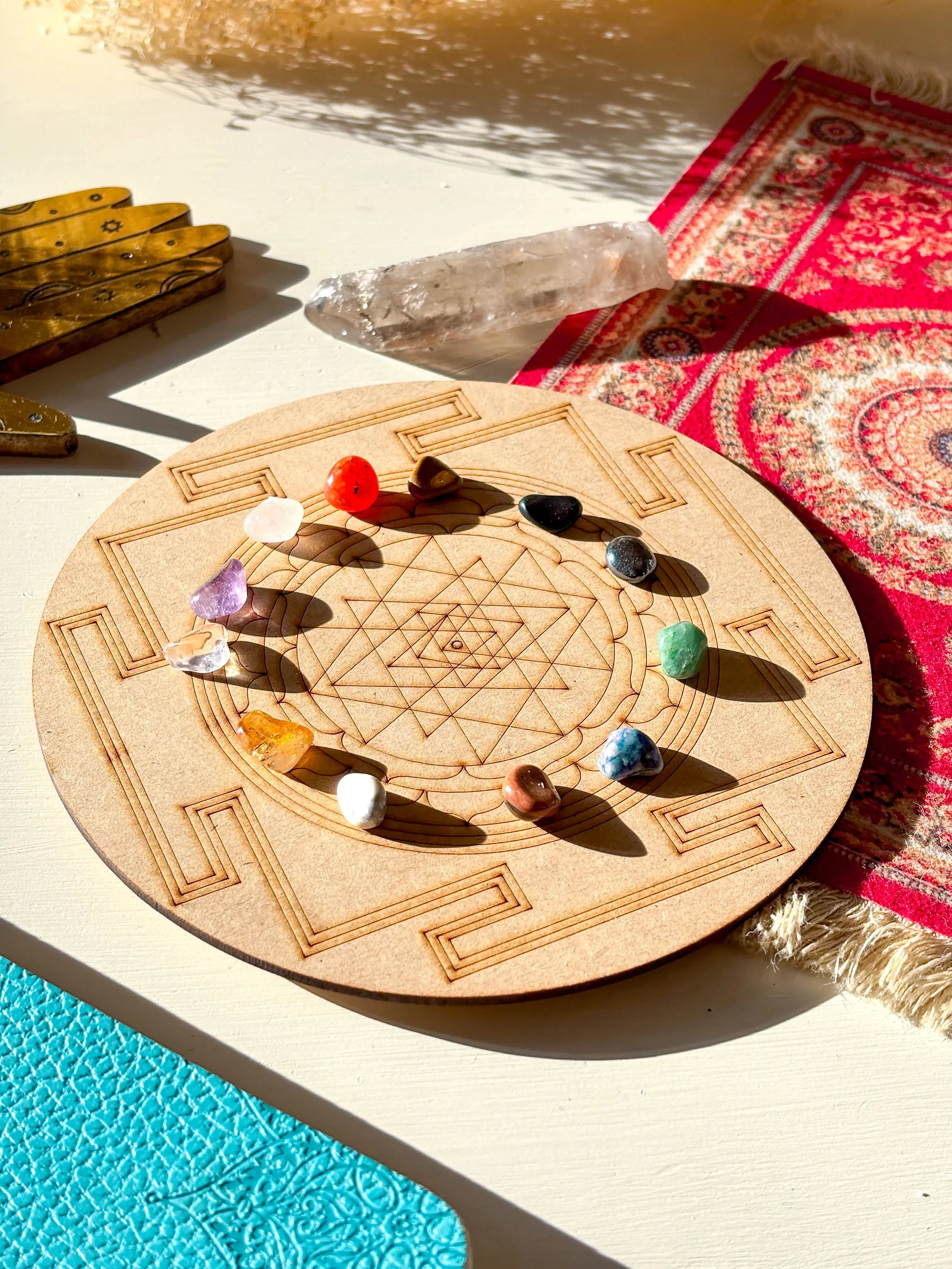 Shri Yantra Crystal Grid Board, 6" Wooden Crystal Grid Plate