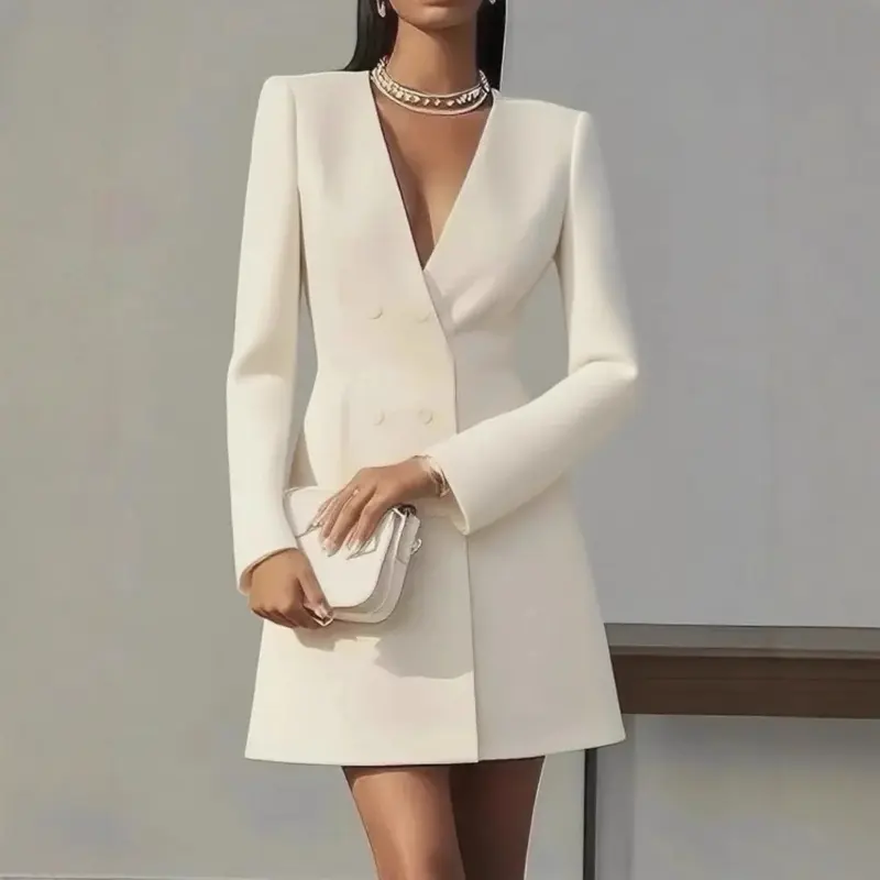 Bussiness suite skirt with V- neck long sleeve, polyster fabric above knee length featuring button detail