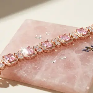 Pink Emerald Cut Tennis Bracelet for Women, 14K Rose Gold Plated Halo Sparkling Zirconia Bracelet, Romantic Jewelry Gift for Anniversary Birthday Mother's Day, Adjustable Wedding Party Bracelet