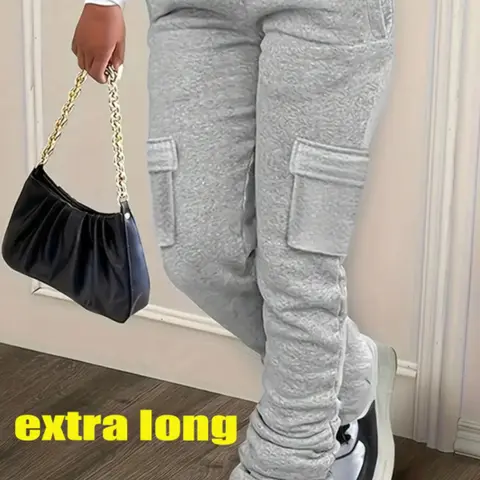 Women's Solid Basic Drawstring Elastic Waist Extra-long Sweatpants, Casual Elastic Waisted, Casual Comfortable Fit Flap Pocket Sweat Pants for Fall, Casual Lounge Pant, Cargo Sweats for Women Lady, Casual Comfy Pocket