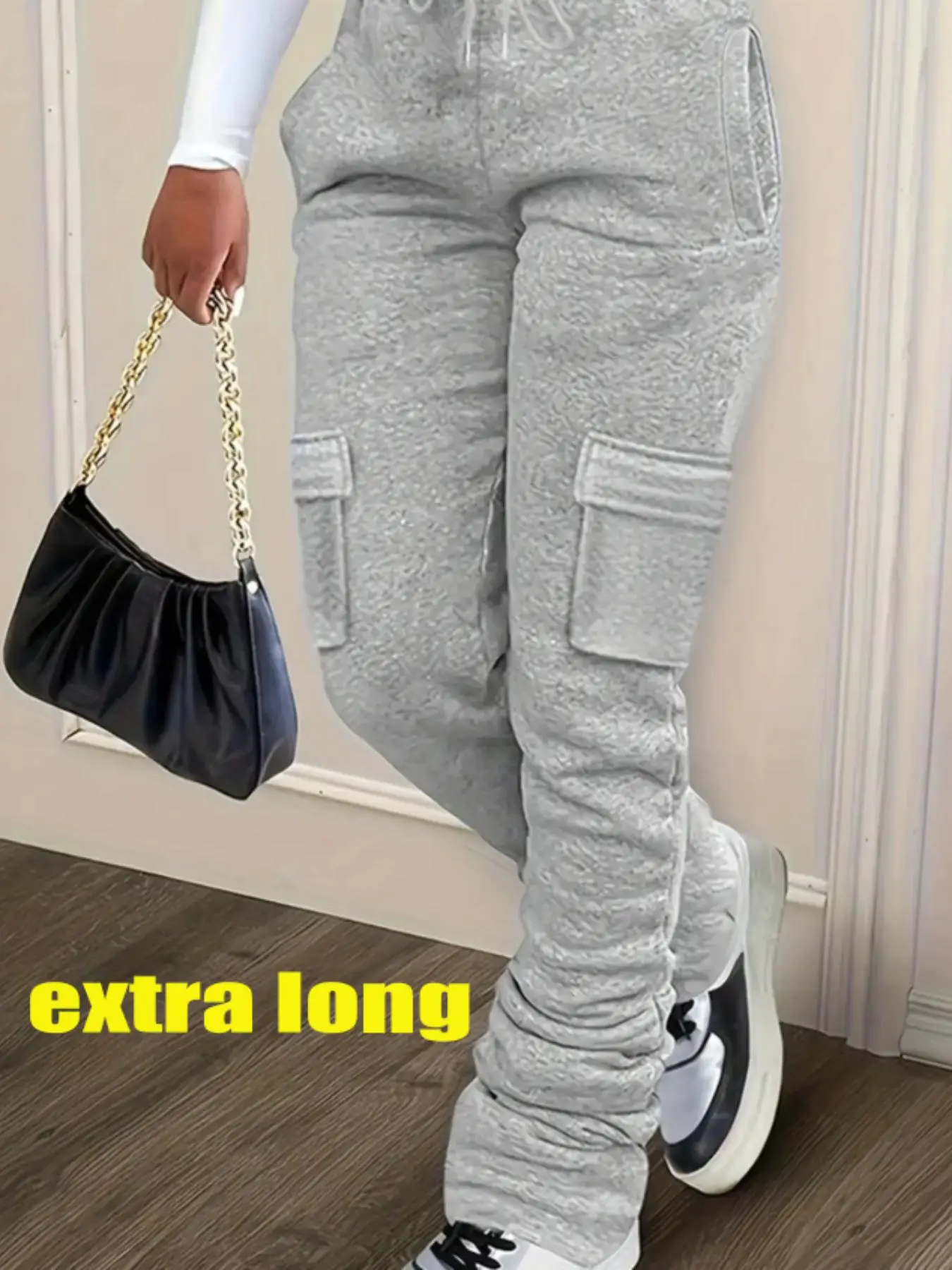Women's Solid Drawstring Elastic Waist Extra-long Sweatpants, Casual Relaxed Comfortable Flap Pocket Sweat Pants for Fall, Cargo Sweats for Women Lady