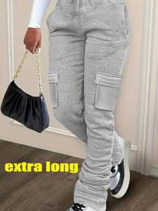 women's solid drawstring elastic waist extra-long sweatpants, casual relaxed comfortable flap pocket sweat pants for fall, cargo sweats for women lady, pants for women, women's trousers clothes for daily wear, pants for women