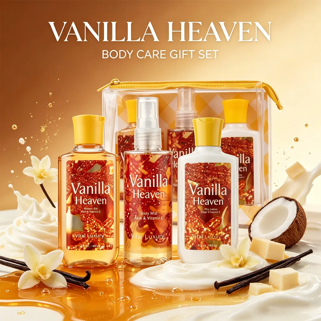 Vital Luxury Vanilla Heaven Bath & Body Care Set – 3oz Shower Gel, Body Lotion, Body Mist ,  Fresh Scent, Moisturizing ,A Must-Have for the Gym,Hotels | Ideal Gift for womon Wedding & Party Favors