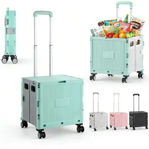 Foldable Utility grocery Cart Folding Portable Rolling Crate Handcart with Durable Heavy Duty Plastic Telescoping Handle Collapsible 4 Rotate Wheels for Travel Shop Move Luggage Office tiktokshopspringglowup Lockable Outdoor Storage Box holder organizer
