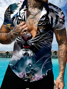 Tiger Printed Short Sleeve Men's Wear, Summer Trendy 3D Pattern Casual Shirt, Personalized Fashion Top