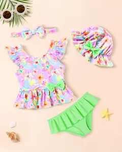 Toddler Girl Cute Tankini Swimwear Set Swimming Suit Summer Beachwear Ruffle-Trimmed Tank Top, Triangle Bikini Bottoms, Headband, and Hat 4-Piece Set
