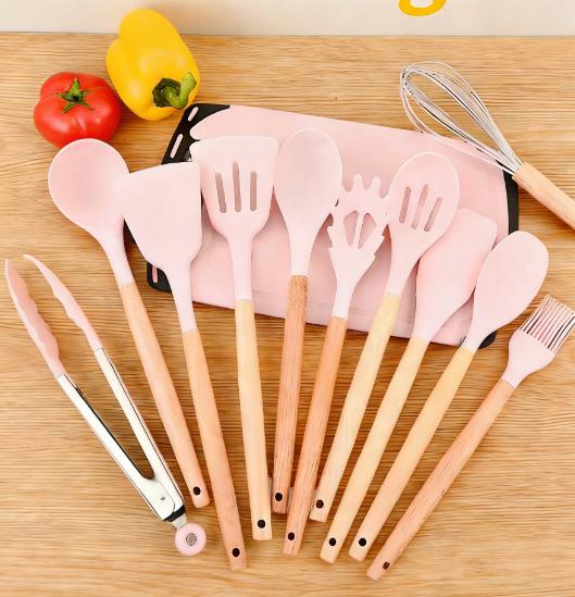 SpringBreak Kitchen Knife Set with Heat-Resistant Silicone Cutlery & Wooden Handles - Includes Chef Knife, Easy to Clean - Ideal Gift for Women on New Year, Valentine's Day and More Cookware Pink Utensils Cooking pots pans set Modern Home Grey Nonstick
