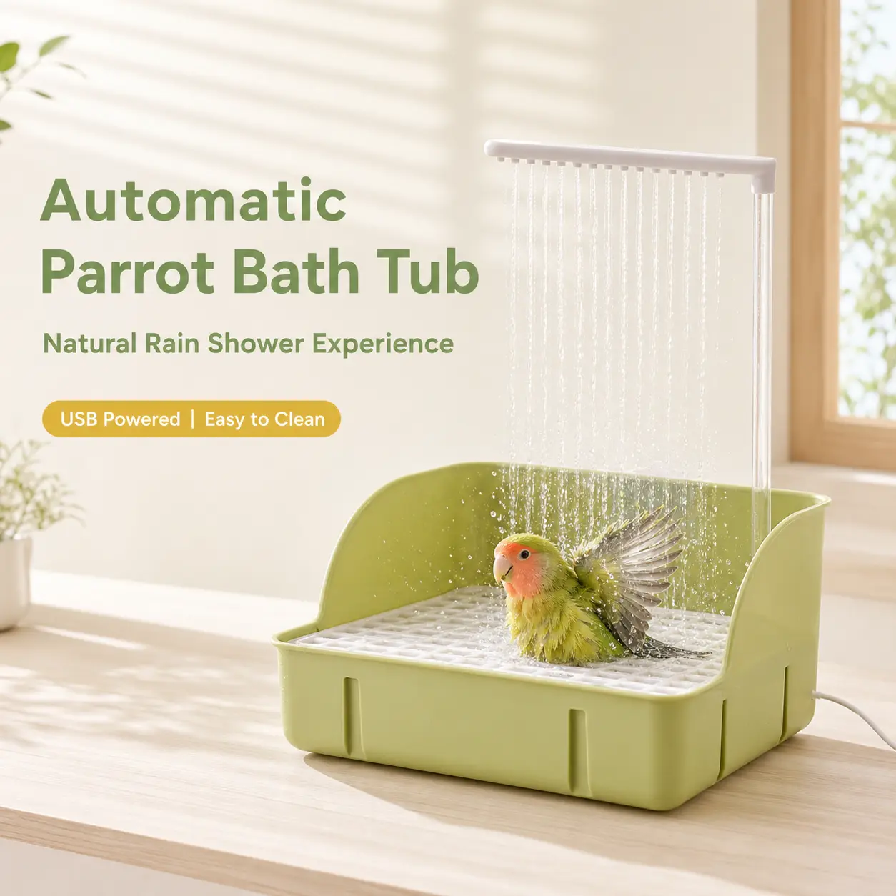 Natural Rain Shower Birds Love! Electric Recirculating Bird Bath Tub with Dual Rain Sprinkler | USB 5V Quiet Pump | Anti-Splash Cage Bath Box | For Budgies, Cockatiels, Lovebirds & Small Conures