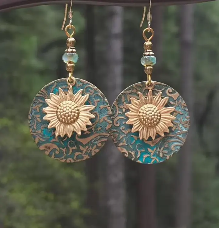 Bohemian Boho Sunflower Daisy Hook Earrings Retro Double Layer Dangle Drop, Teal