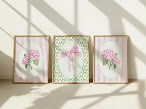Set of 3 Pink Hydrangea Coquette Bow Watercolor Print, Wall Art Print, Preppy Wall Decor, Girls Room Nursery Dorm Decor