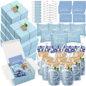 72 Pcs Bridesmaid Proposal Gifts, Maid and Matron of Honor Gifts, Bridesmaid Gift Sets Include Gift Box Glass Cup Makeup Bag Cards Lip Balm Hair Scrunchie Knotted Bracelet(Blue)
