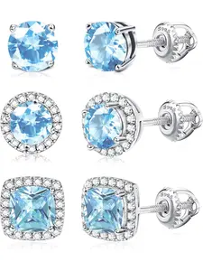 3Pairs 18K White Gold Sterling Silver Post Earrings Brilliant Simulated Diamond Halo Earrings Studs with Screw Back Round Square Cubic Zirconia Screw Back Earrings for Women Men Stud Earrings Jewelry