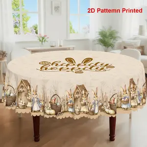 1pc, Easter Themed Party Tablecloth, Spring Summer Vintage Rabbit Colored Eggs Country Style Printed Design, Rectangular/Round/Oval Table Cloth, Embossed Edge, Suitable For Indoor Outdoor Dining Picnic Dinner Dining Room Decoration