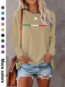 Women's Letter  & Striped Print Round Neck Sweatshirt, Casual Long Sleeve Crew Neck Classic Pullover for Fall & Winter, Women's Clothes for Daily Wear