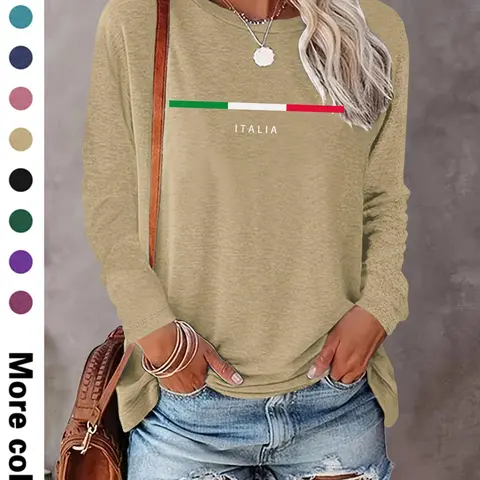 Women's Letter  & Striped Print Round Neck Sweatshirt, Casual Long Sleeve Crew Neck Classic Pullover for Fall & Winter, Women's Clothes for Daily Wear