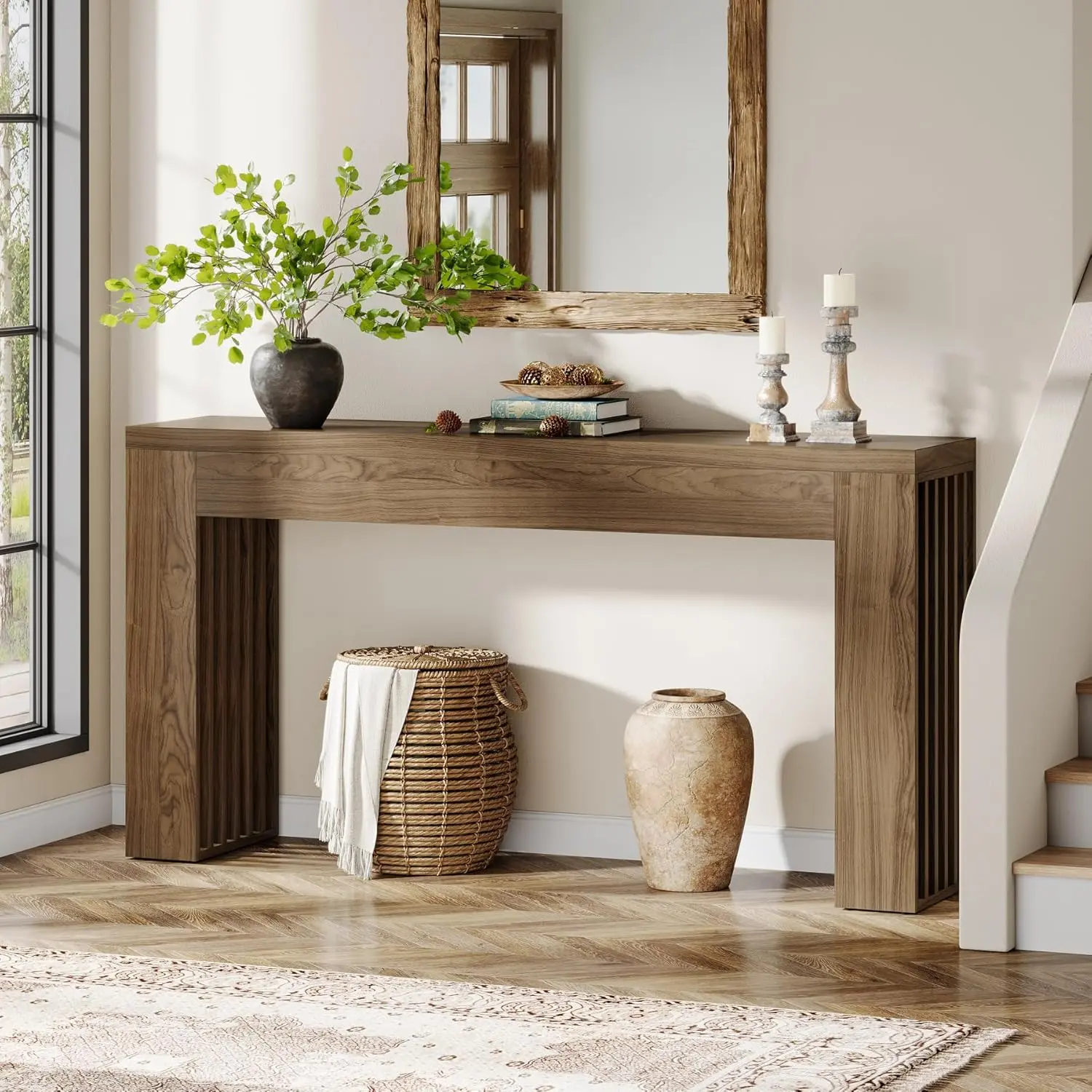 LITTLE TREE 59-Inch Long Wooden Console Sofa Table Behind The Couch with Vertical Slat Legs for Entrance, Hallway, Entryway, Living Room