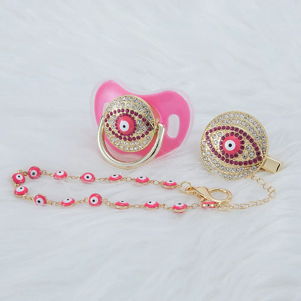 Luxury Pink Baby Pacifier with Crystal Rhinestones and Chain Clip – Stylish & Protective Baby Accessory chupetes