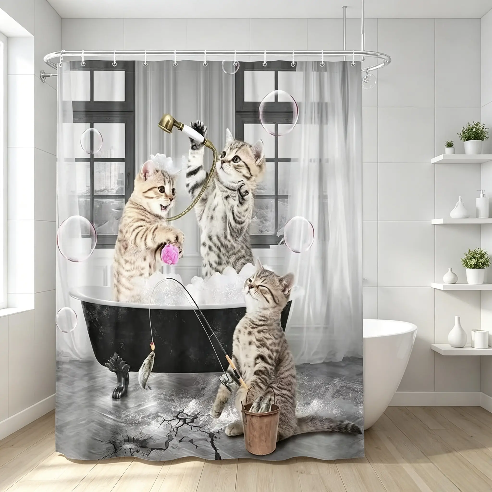 Cats in Bath Shower Curtain - Unique Design, Fun Bathroom Decor, Home Bathroom Supplies Bag, Decorative, Shower Curtains