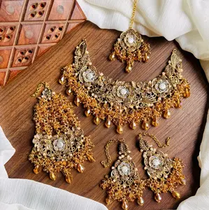 Premium BRIDAL Necklace with Earrings Tika Maang Paasa Jhoomar in Pearl Beads for All Occasions Elegant Design