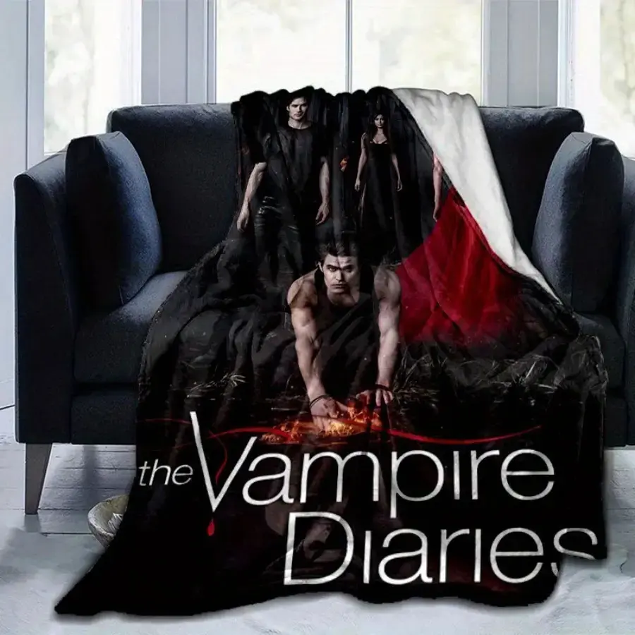 Vampire Diaries TV Show Inspired Cozy Flannel Blanket - Retro Cartoon Print with Vibrant Character Scenes, All-Season Warmth for Home Decor, Office Nap, Festival Gift for Fans, Fan Merchandise, Detailed Illustrations