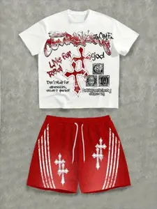 Men's Fashion Casual 2-Piece Set, Round Neck Short Sleeve T-Shirt & Belted Shorts, Breathable Polyester Fabric, Unique Cartoon Graphics Print Design
