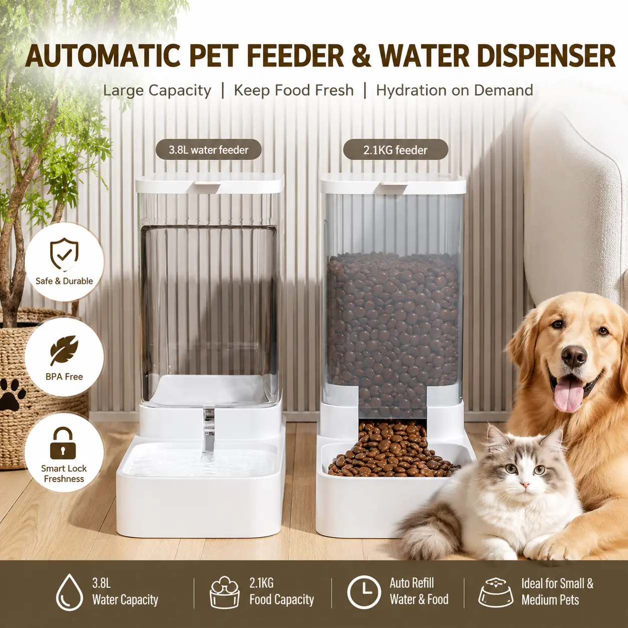 Automatic Pet Feeder and Water Dispenser Set for Dogs Cats 2.1KG Food Feeder 3.8L Water Dispenser Large Capacity Automatic Feeding Station for Medium Large Pets