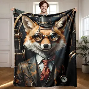 1 piece Retro steampunk style fox gentleman portrait themed flannel blanket - Oversized comfortable fluffy sofa blanket, suitable for beds and sofas, modern geometric pattern design, all-season multi-purpose use, digital printing, 100% polyester