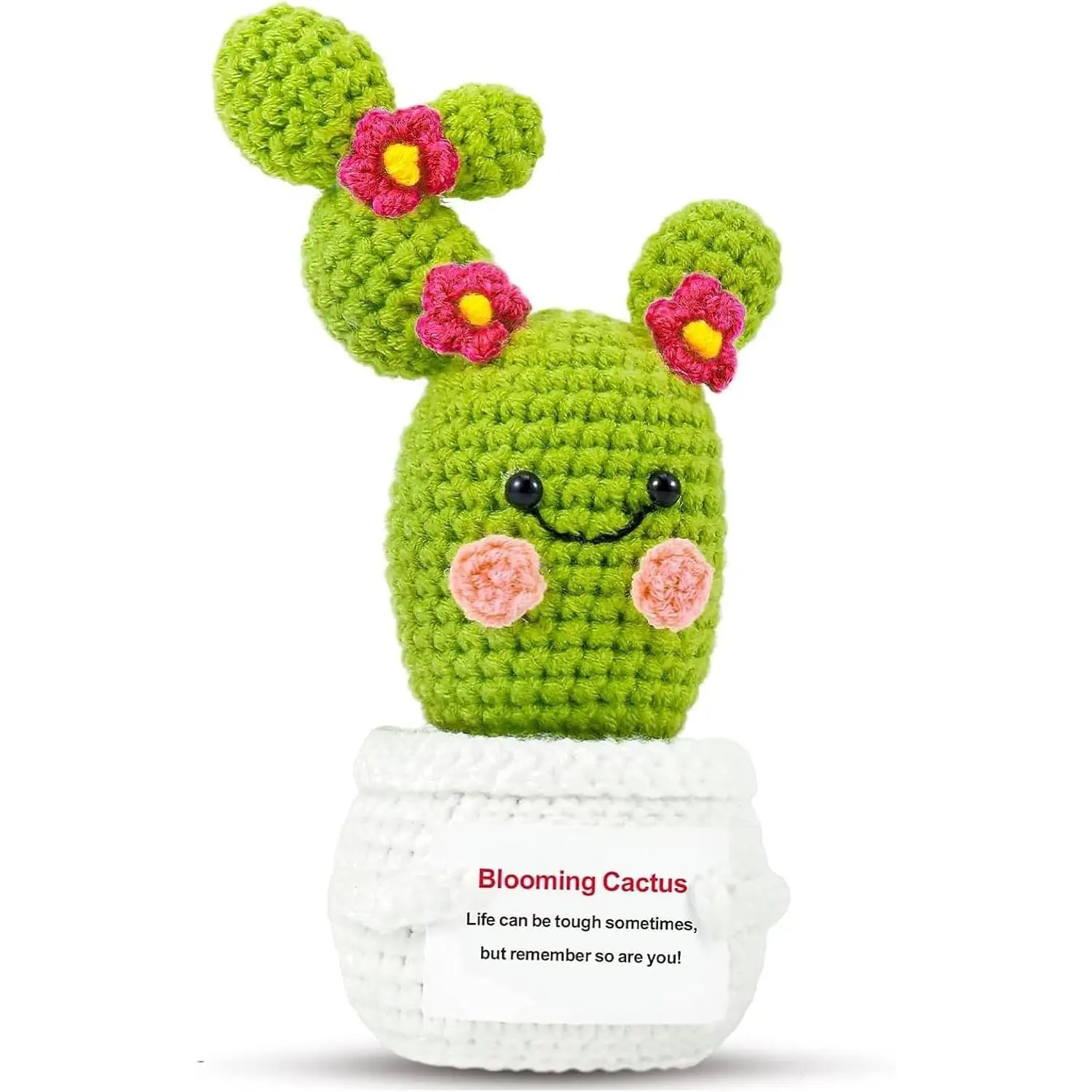 Cute Mini Handcrafted Compact Crochet Blooming Cactus Figurine - Durable Decorative Home Decor Statue, Dashboard Nightstand Decor with Encouragement Card, 1 Funny Get Well Birthday Gift for Mom